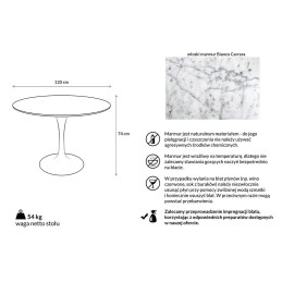 Stół TULIP MARBLE 120 CARRARA biały -     marmur, metal