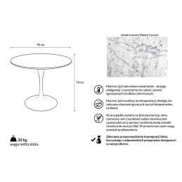 Stół TULIP MARBLE 90 CARRARA biały -      marmur, metal